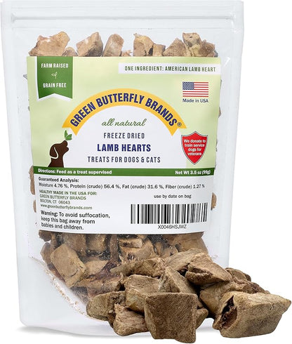 Freeze Dried Lamb Heart Dog Treats Made in USA. All Natural Freeze-Dried Raw Snacks for Dogs and Cats. Single Ingredient. High Protein. Heart Health. Irresistible Training Treat