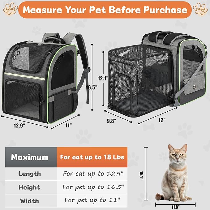 Expandable Cat Backpack Carrier with Waist Strap, Breathable Mesh Pet Carrier Soft Cat Travel Bag for Cats Small Dogs Puppies, Airline Approved Dog Backpack Carrier for Hiking Camping Outdoor