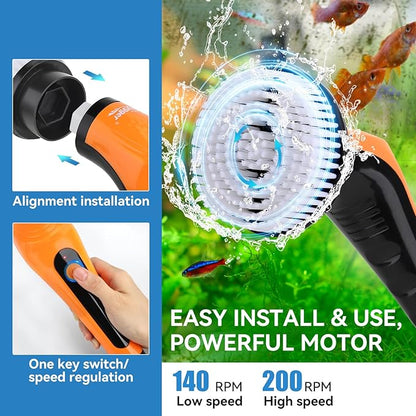 hygger IPX8 Electric Aquarium Cleaning Brushes, Rechargeable Cleaner Tools Kit with 6 Replaceable Clean Spin Brush Heads Cordless Use 2 Speeds Adjustable Handle for Dog House Outdoor/Cat Litter Boxes