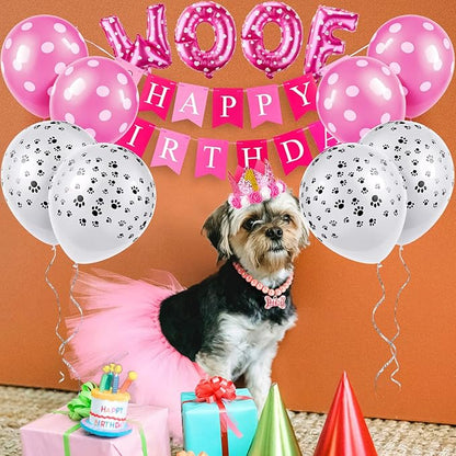 13 Pcs Dog Birthday Party Supplies Decorations Cute Dog Girl Birthday Bandanas Set Pink Tutu Skirt Dog Crown Hat Pearl Necklace Happy Birthday Banner 9 Pink Woof Paw Balloons Toy for Puppy Pet Cat Dog