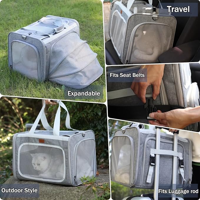 Grey Cat Carrier Small Dog Bag Expandable Puppy Handbag Bunny Rabbit Purse Small Animal Tote Traveling Outdoor Picnic Carry TSA Airline Approved