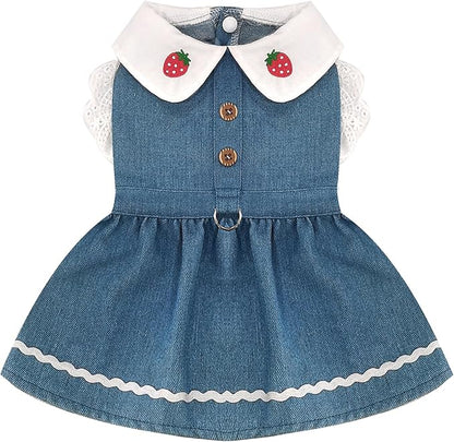Denim Dog Dress for Small Dogs Cats Cute Girl Dog Clothes Cute Strawberry Female Pet Dresses Spring Summer Pet Outfits for Chihuahua Yorkie Shih Tzu(Dark Blue,Large)