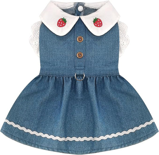 Denim Dog Dress for Small Dogs Cats Cute Girl Dog Clothes Cute Strawberry Female Pet Dresses Spring Summer Pet Outfits for Chihuahua Yorkie Shih Tzu(Dark Blue,Small)