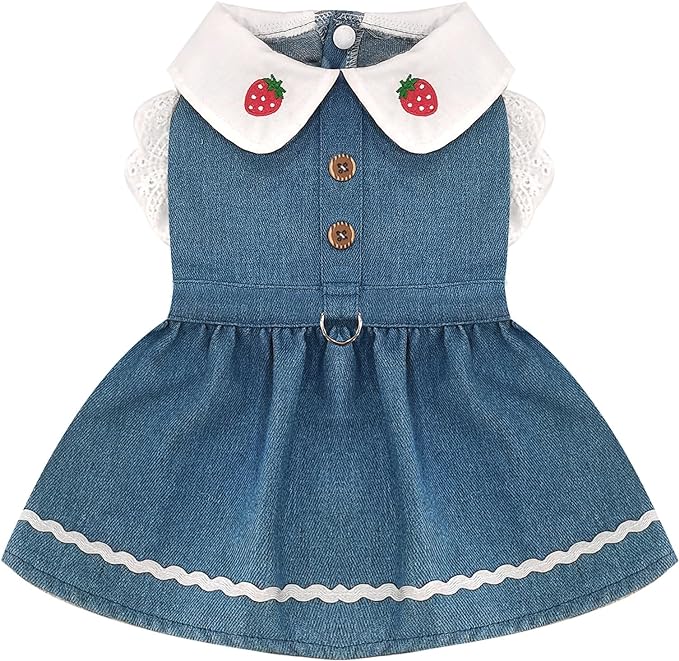 Denim Dog Dress for Small Dogs Cats Cute Girl Dog Clothes Cute Strawberry Female Pet Dresses Spring Summer Pet Outfits for Chihuahua Yorkie Shih Tzu(Dark Blue,Medium)