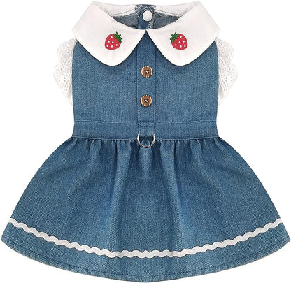 Denim Dog Dress for Small Dogs Cats Cute Girl Dog Clothes Cute Strawberry Female Pet Dresses Spring Summer Pet Outfits for Chihuahua Yorkie Shih Tzu(Dark Blue,Medium)