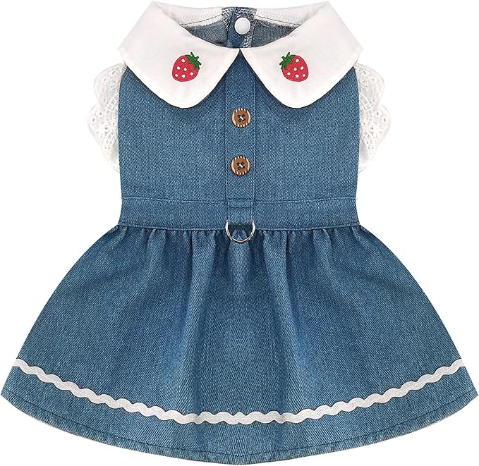 Denim Dog Dress for Small Dogs Cats Cute Girl Dog Clothes Cute Strawberry Female Pet Dresses Spring Summer Pet Outfits for Chihuahua Yorkie Shih Tzu(Dark Blue,Medium)