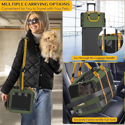 PAWZIDEA Expandable Pet Carrier w/ID Card, 18X11X11in TSA Airline Approved Cat Carrier for 2 Cats Under Seat, Soft-Sided Collapsible Small Dog Carrier Car Seat Travel Bag, Puppy Cat Crate Top Load