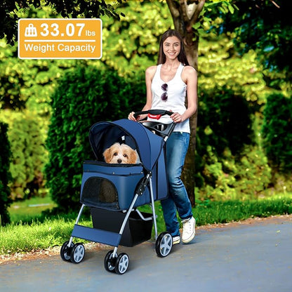 Pet Stroller 4 Wheels Dog Cat Stroller for Medium Small Dogs Cats, Folding Cat Jogger Stroller with Storage Basket & Breathable Mesh, Easy to Walk Travel Carrier, Navy Blue