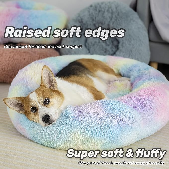Anti Anxiety Round Fluffy Plush Faux Fur Warm Washable Dog Bed & Cat Bed Sleep（20"/24"/27''） (20",