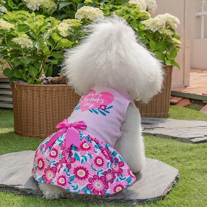 CuteBone Happy Mother's Day Dog Dress Velvet for Small Dogs Girl Floral Skirt Pink Puppy Dresses Dog Clothes CVA22S-D