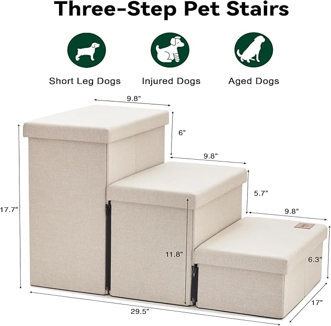 Love's cabin Dog Stairs for Small Medium or Large Dogs with Storage and Adjustable Steps 3-Step Gray 200 lbs,
