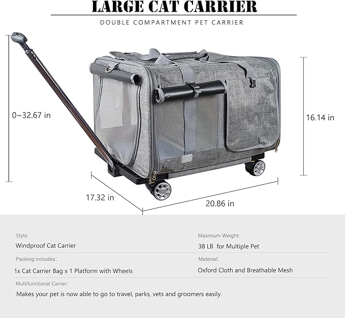 Innovative Cat Carrier for 2 Cats, Rolling Cat Carrier with Wheels, Double Compartment Pet Carrier for Large Cats and Small Dogs, Ideal for Traveling/Hiking/Camping, Windproof Cat Carrier