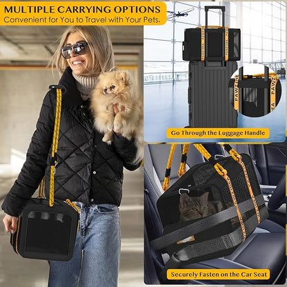 PAWZIDEA Expandable Pet Carrier w/ID Card, 18X11X11 TSA Airline Approved Cat Carrier for 2 Cats Under Seat, Soft-Sided Collapsible Small Dog Carrier Car Seat Travel Bag, Medium Cat Carrier Top Load