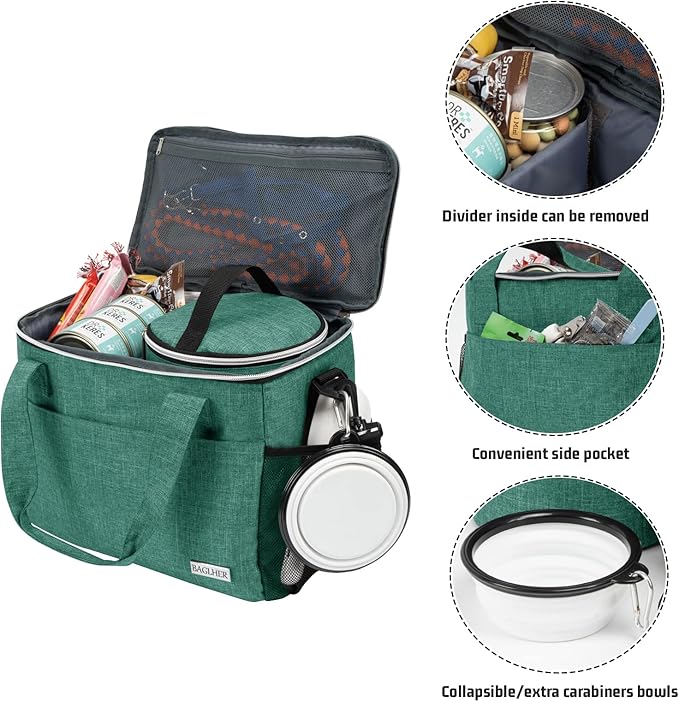 BAGLHER Dog Travel Bag Backpack Pet Supplies Backpack Pet Accessories Storage Bag 5-Piece Set with Shoulder Strap 2 Lined Pet Food Containers 4 Foldable Feeding Bowls Essential Kit for Pet travel