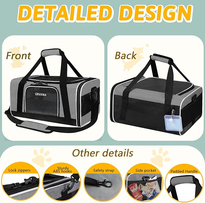 Petskd Pet Carrier 17x11x9.5 Alaska Airline Approved,Pet Travel Carrier Bag for Small Cats and Dogs, Soft Dog Carrier for 1-10 LBS Pets,Dog Cat Carrier with Safety Lock Zipper(Grey)