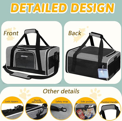 Petskd Pet Carrier 17x11x9.5 Alaska Airline Approved,Pet Travel Carrier Bag for Small Cats and Dogs, Soft Dog Carrier for 1-10 LBS Pets,Dog Cat Carrier with Safety Lock Zipper(Grey)