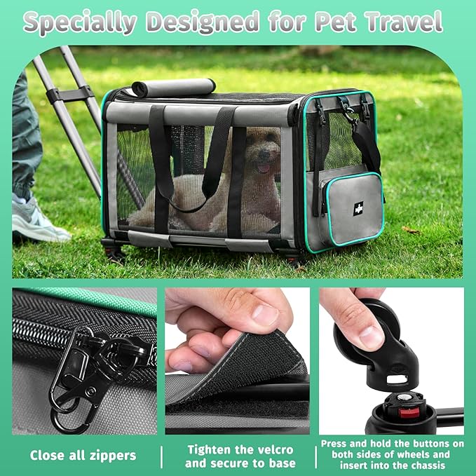 Large Cat Carrier with Wheels, Foldable Rolling Cat Carrier for 2 Cats with Wheels for Cat Dog Under 30 lbs, Cat Carrier Travel Bag with Large Pocket for Outdoor, Gray