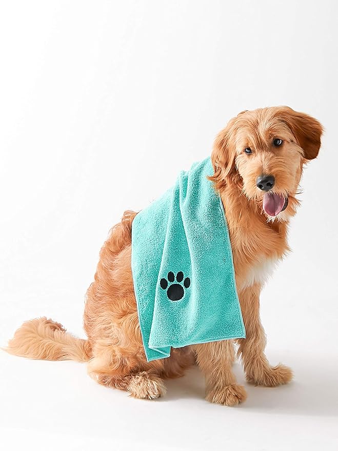 Bone Dry Pet Grooming Towel Collection Embroidered Absorbent Microfiber Drying Set, 15x30, Aqua, 3 Count