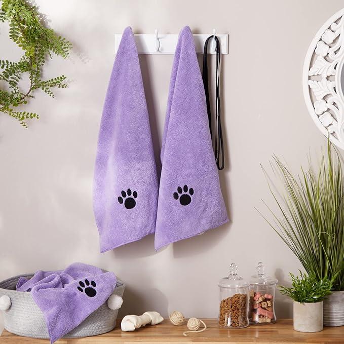Bone Dry Pet Grooming Towel Collection Embroidered Absorbent Microfiber Drying Set 15x30, Lavender, 3 Count