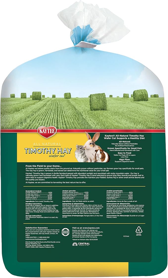 Kaytee Wafer Cut All Natural Timothy Hay for Pet Guinea Pigs, Rabbits & Other Small Animals, 60 Ounce