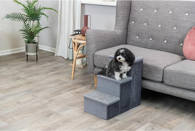 TRIXIE Velour 3-Step Pet Stairs with Storage, Collapsible, Storage Compartments for Pet Toys,Gray