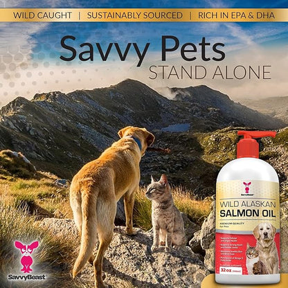 Pure Wild Alaskan Salmon Oil for Dogs, Cats, Ferrets - 32 oz Liquid Omega 3 Fish Oil, Pump on Food - Unscented All Natural Supplement for Skin and Coat, Joints, Heart, Brain, Allergy, Weight, Immune