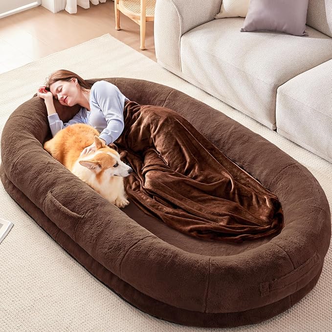 Yojoker Human Dog Bed for People Adults, Giant Bean Bag Bed with Blanket 72"x48"x10", Washable Faux Fur Nap Bed Adult Oval for People, Removable Large Memory Foam Human Sized Dog Bed Brown