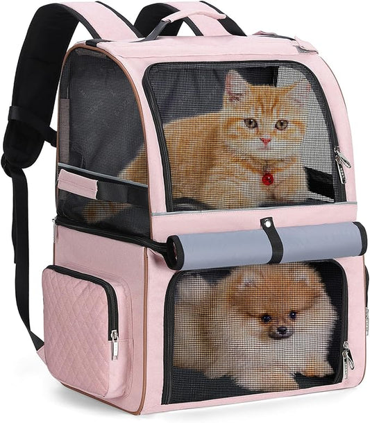 Lekebobor Double Cat Backpack Carrier for 2 Cats, Double-Compartment Pet Carrier Backpack for Two Small Cats or One Medium Dogs, Cats Carrier Backpack Dog Carrier Backpack Fits Up to 24 Lbs,Pink