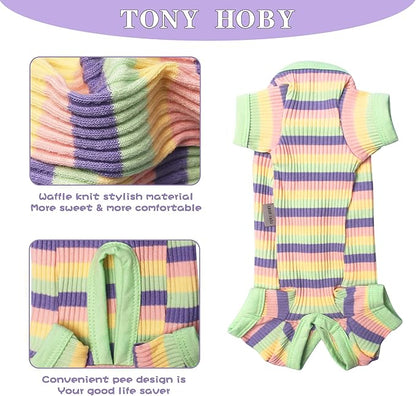 TONY HOBY Dog Pajamas, Dog 4 Legged Pajamas Jumpsuit with Rainbow Stripe, Female Dog Pajamas Pet Clothes for Small Medium Size Dog (Green&Yellow, Girl, XL)