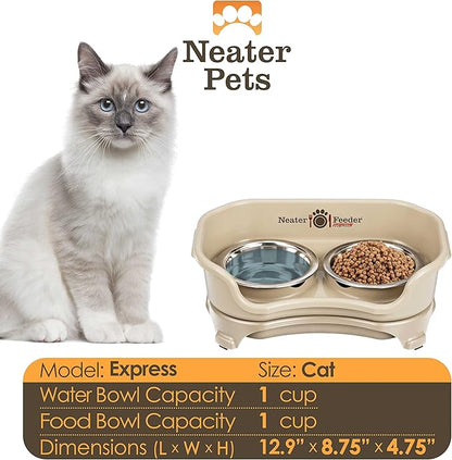 Neater Feeder - Express Model - Mess-Proof Cat Bowls (Cat, Almond) – Made in USA – Elevated, No Spill, Non-Tip, Non-Slip, Raised Stainless Steel Food & Water Pet Bowls