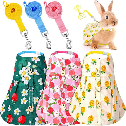 3 Piece Cute Rabbit Leash and Harness Set, Bunny Rabbit Dress Clothes Walking Harness Vest Escape Proof Pet Supply for Rabbit Hedgehog Ferret Guinea Pig (Peach, Pineapple, Strawberry)