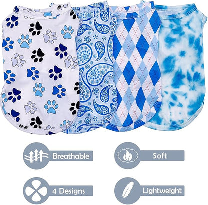 PET SHOW 4 Pack Cooling Dog Shirts Puppy Summer Clothes Paisley Vest Paw Printed Sleeveless Cats Doggies Tie Dye T-Shirts Plaid Tank Top Tee for Small Medium Dogs (S, Blue for Boys)