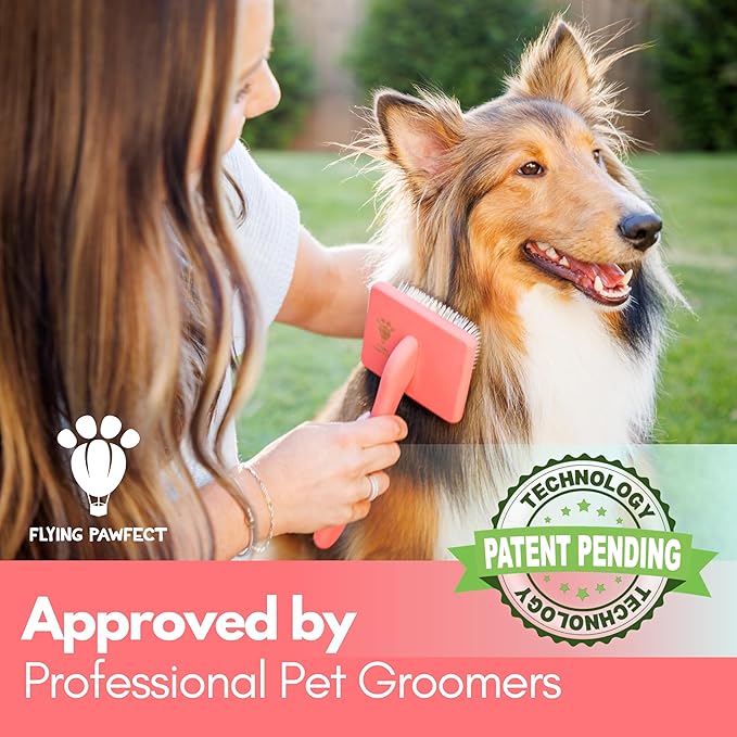 Pet Slicker Brush With Soft Massage Grooming Stainless Steel Pins - For Dematting, Shedding Fur, and Undercoat - Ideal Gift for Professional Pet Groomers - Long Slicker Brush - Flying Pawfect