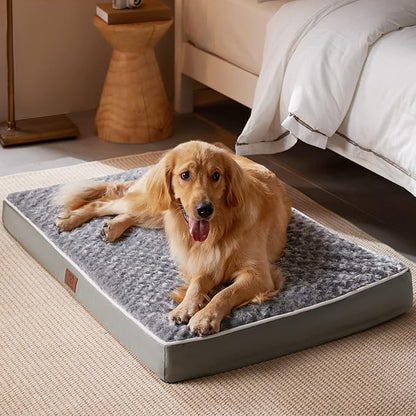 WNPETHOME Orthopedic Large Dog Bed, Dog Bed for Large Dogs with Egg Foam Crate Pet Bed with Soft Rose Plush Waterproof Dog Bed Cover Washable Removable（Dog Bed Large 35 x 23 x 3 inch Grey）