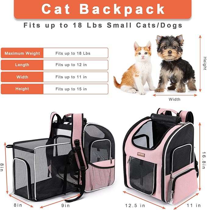 Cat Backpack Carrier, Dog Backpack Carrier for Small Dogs Medium Cats, Airline Approved Expandable Pet Backpack Carrier for Small Dogs Puppies Medium Cats Fit Up to 18 Lbs, Pink