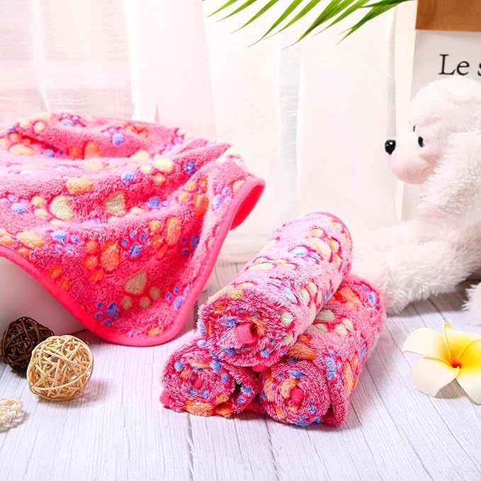 4 Pcs Pet Blanket Dog Puppy Blanket Paw Print Fleece Blanket for Small Medium Pet Dog Cat Warm Soft Sleep Mat Guinea Pig Cage Liners Blanket (Pink,Small(24 x 16 Inch))