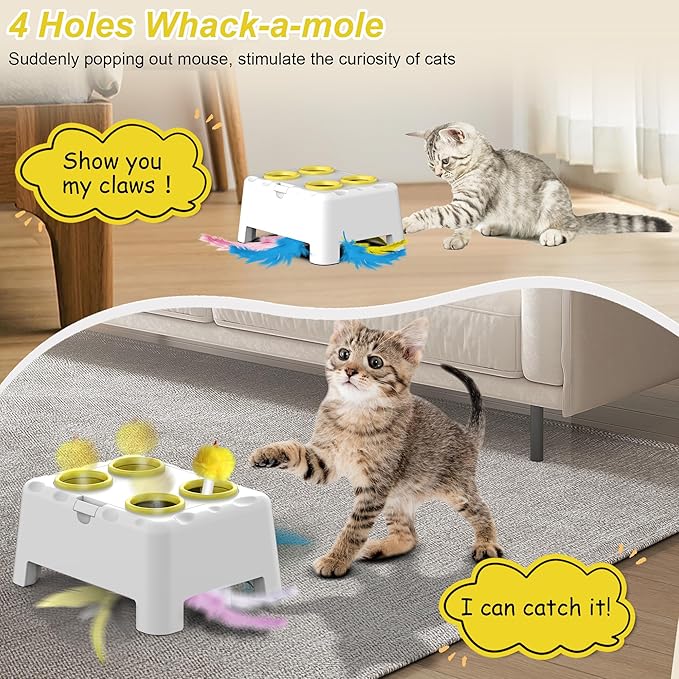 Interactive Cat Toys, 2-in-1 Automatic Cat Toy, 4 Holes Mice Whack A Mole Cat Mouse Toy with Moving Feather, Portable USB Rechargeable Electronic Kitten Toys (White & Yellow)