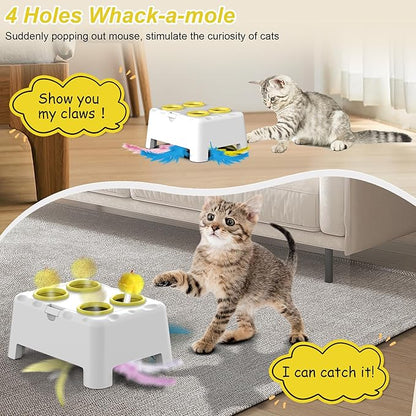 Interactive Cat Toys, 2-in-1 Automatic Cat Toy, 4 Holes Mice Whack A Mole Cat Mouse Toy with Moving Feather, Portable USB Rechargeable Electronic Kitten Toys (White & Yellow)