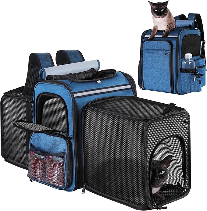 Pet Travel Carrier Backpack, Soft-Sided Breathable Mesh Cat Carrier Backpack for cat,Dogs,Puppies Up to 20 Lbs,Dual Side Expandable to 17 x 13.5 x 36 inches… (Blue)