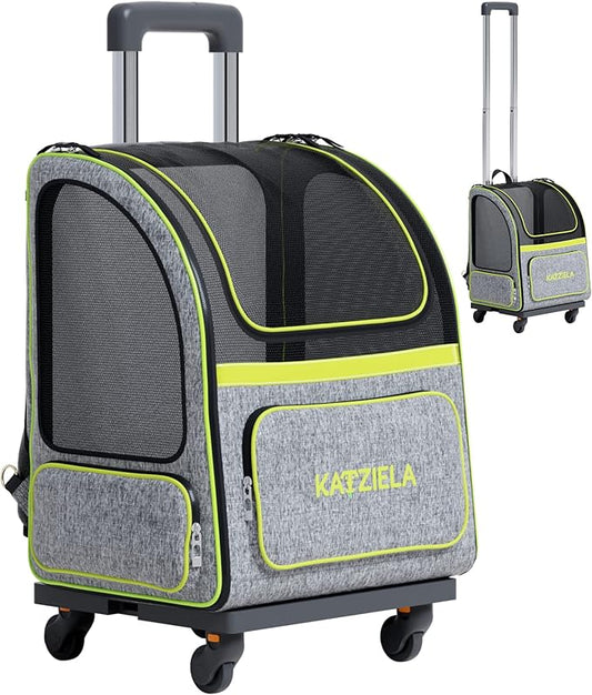 Katziela Wheeled Pet Carrier Backpack - Soft Sided, Airline Approved Hiking Carrying Bag for Small Dogs and Cats – Removable Rolling Wheels – Mesh Ventilation Windows, Storage Pockets (Green/Gray)