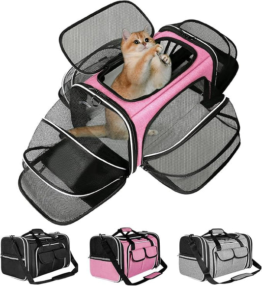 Estarer Soft Sided Pet Carrier Airline Approved, 4 Sides Expandable Collapsible Cat Carrier with Pockets & Removable Fleece Pad, Travel Carrier Bag for Cat Dog & Small Animals (Pink)