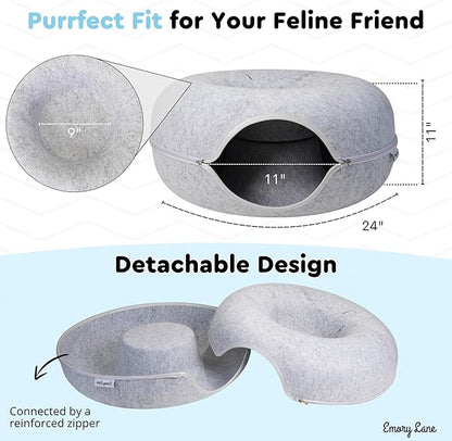 Emory Lane - Premium Cat Cave for Small Pets, Multifunctional Donut Tunnel Bed for Indoor Pets, Round Felt Pet Cave with Premium Zipper, for Pets up to 40 Lbs (24x24x11 Inch) (Light Gray)