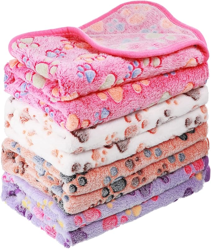 4 Pcs Pet Blanket Dog Puppy Blanket Paw Print Fleece Blanket for Small Medium Pet Dog Cat Warm Soft Sleep Mat Guinea Pig Cage Liners Blanket (White, Coffee, Pink, Purple,Small(24 x 16 Inch))