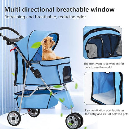 FDW Pet Stroller Foldable Dog Stroller 3-Wheel Durable Cat Jogger Stroller for Small and Medium Dogs Cats with Washable Liner Storage Basket Cup Holder