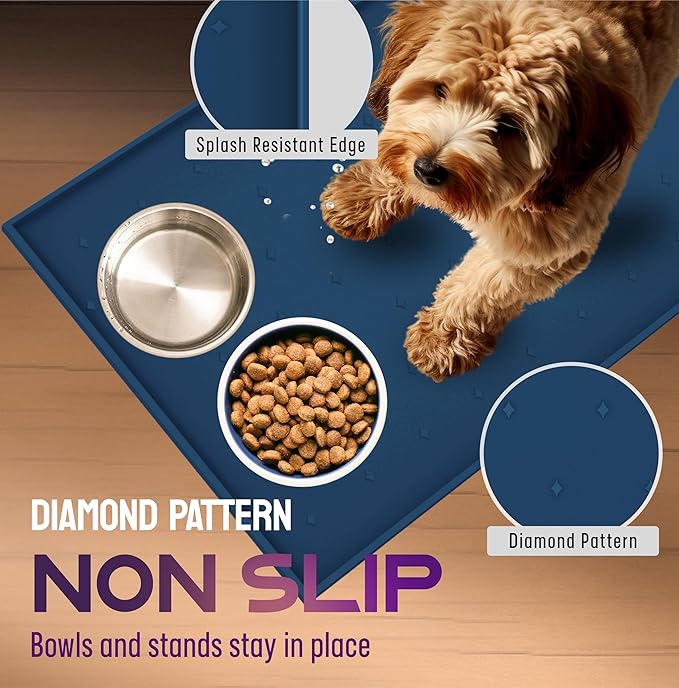 Dog Food Mat - 24x15” Large Silicone Pet Food Mat, Raised Edges Dog Mat for Food and Water Prevent Spill, Waterproof Cat Food Mat for Floors, Easy Clean Dog Bowl Mats for Food and Water