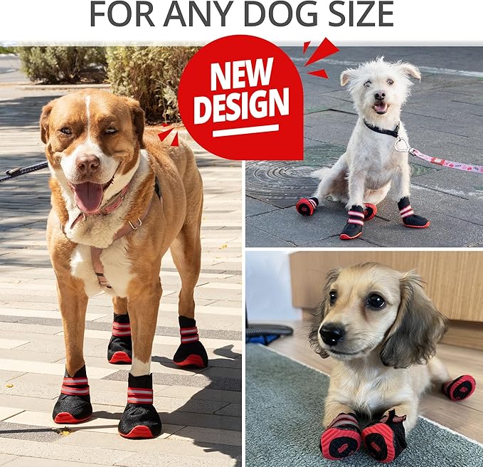 Breathable Anti-Slip Dog Shoes 2.0 - with Elastic Straps for Small, Medium & Large Dogs | x4 Dog Boots for Summer Hot Pavement, Hiking, Rain, Heat & General Paw Protection | Size 60