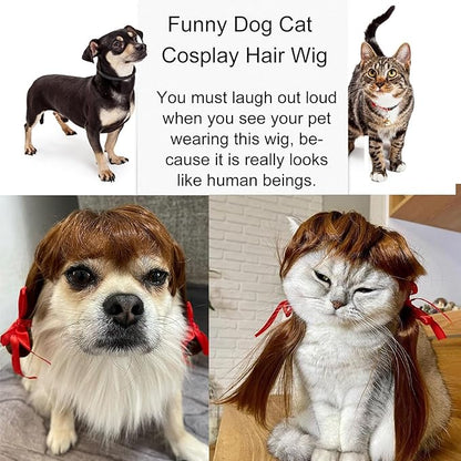 Funny Dog Wig Pet Costumes, Kediciz Cat Costume Synthetic Hairpiece Cosplay Wigs, Headwear for Halloween Christmas Festivals Party Decor, Fancy Dress,Adjustbale Size,Coffee Brown for Braid