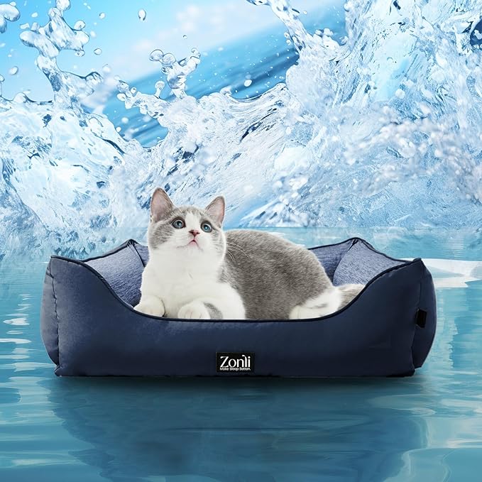 ZonLi Cooling Dog Bed, Dog Bed for Small Dogs & Cats, Dog Cooling Bed with Bolsters Waterproof, for Dogs Up to 15 lbs, Pet Bed with Washable Cover, Non-Slip Bottom, Without Gel, Oceanic Navy