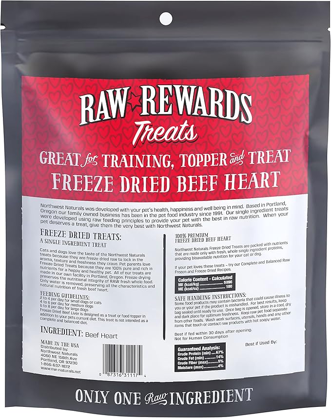 Northwest Naturals Raw Rewards Freeze-Dried Beef Heart Treats for Dogs and Cats - Bite-Sized Pieces - Healthy, 1 Ingredient, Human Grade Pet Food, All Natural - 10 Oz (Packaging May Vary)