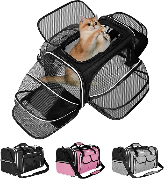 Estarer Soft Sided Pet Carrier Airline Approved, 4 Sides Expandable Collapsible Cat Carrier with Pockets & Removable Fleece Pad, Travel Carrier Bag for Cat Dog & Small Animals (Black)